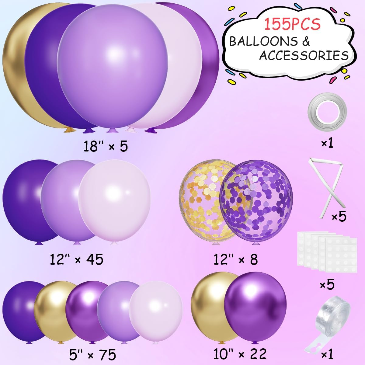 Purple and Gold Balloons Arch Kit, 155Pcs Lavender Dark Purple Pastel Purple Lilac and Gold Balloon Garland for Baby Girl Princess Party Birthday Graduation