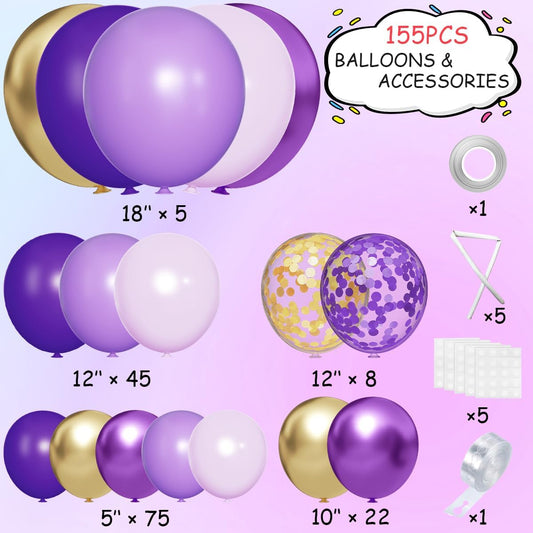 Purple and Gold Balloons Arch Kit, 155Pcs Lavender Dark Purple Pastel Purple Lilac and Gold Balloon Garland for Baby Girl Princess Party Birthday Graduation