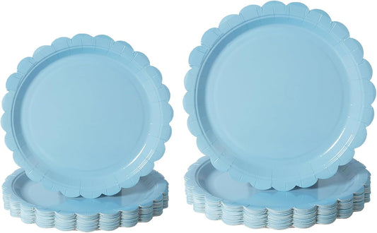 BEFORYOU 50PCS Scalloped Disposable Paper Plates Dessert Cake Party Plates for Baby Shower, Wedding,Bridal Shower Birthday Party Supplies (Blue, 7IN and 9IN)