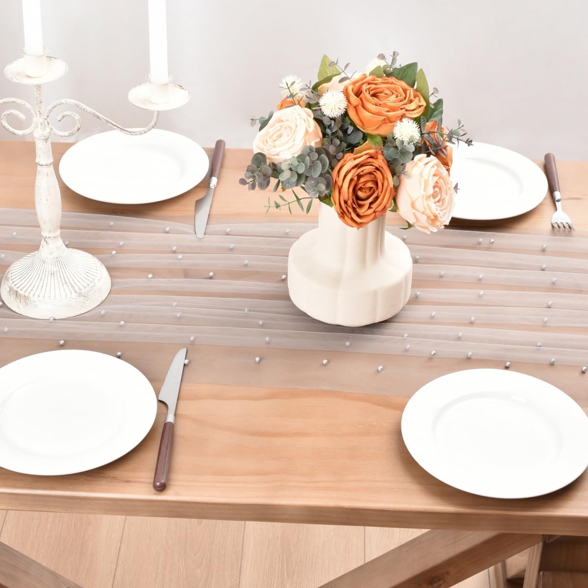 Gray Pearl Fall Thanksgiving Table Runner Boho Rustic Tulle Lace Table Runner for Baby Shower Wedding Arch Decor Veil Dessert Table Decor 3pcs