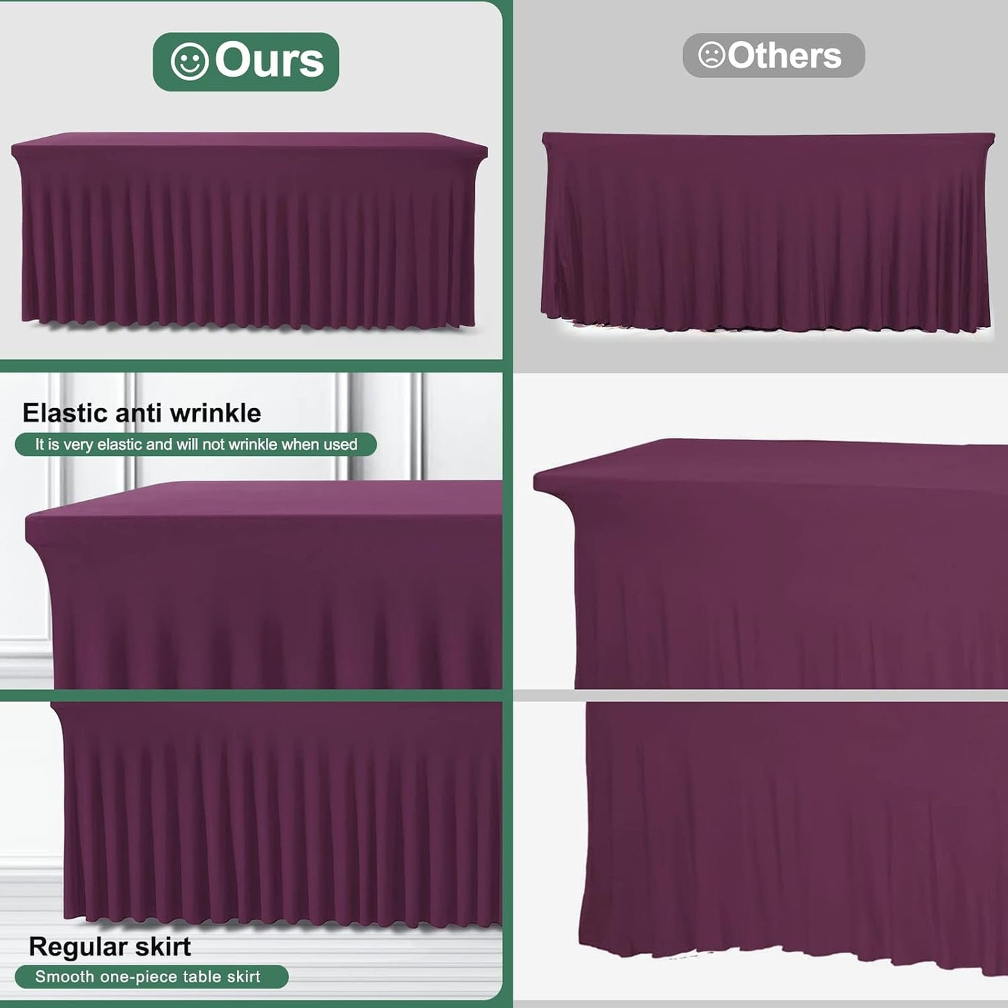 Table Skirts for Rectangle Tables 6ft - 2 Pack One-Piece Burgundy Tablecloths and Skirt, Wrinkle Resistant Ruffles Elastic Cover for Banquets, Weddings, Events, Parties