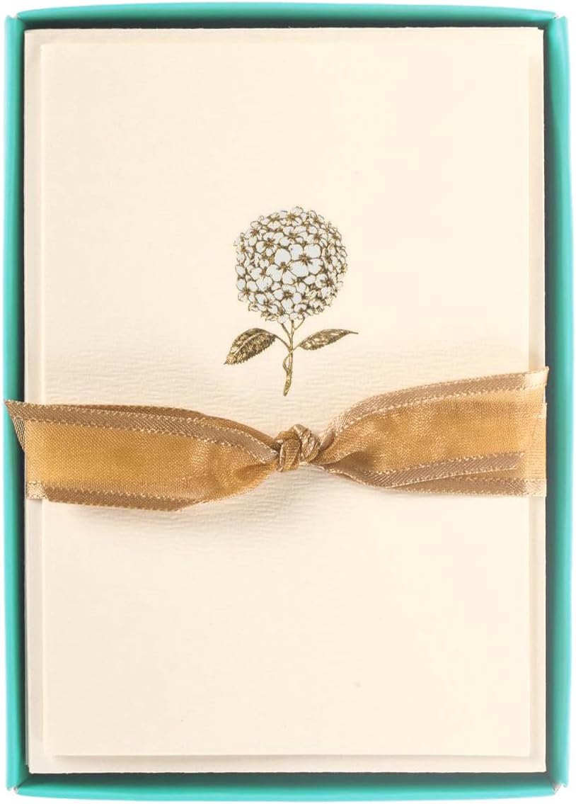Graphique Hydrangea La Petite Presse Boxed Notecards - 10 Embellished Gold Foil Blank Cards with Matching Envelopes and Storage Box, 3.25" x 4.75" (L1346CB)