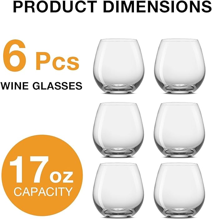 Large Stemless Wine Glasses Set of 6, 17 Ounces Red & White Wine Glasses Tumbler for Party, Clear Drink Glasses, Ideal Wine Accessories Gift, Lead-free, Dishwasher Safe