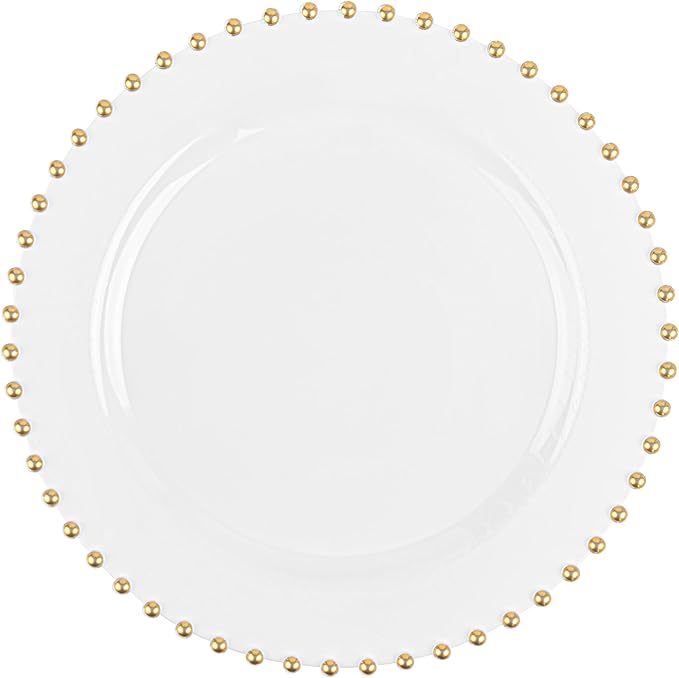 PLASTICPRO 128 Piece Combo Plastic Dinner Plates Disposable Plastic Fancy Heavy Duty Party Dishes 7 inch and 10 inch, White and Gold Beaded