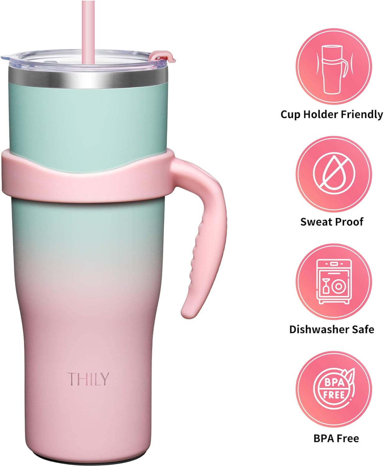 THILY 40 oz Insulated Tumbler with Handle - Stainless Steel Coffee Travel Mug with Lid and Straws, Keep Drinks Cold for 34 Hours or Hot for 12 Hours, Dishwasher Safe, BPA Free, Candy Pink