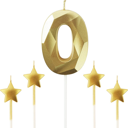 Golden Number 0 & Star Birthday Candles - 2.76 inch 3D Diamond Shaped Candles for Birthday Parties & Anniversary Cake Decorations