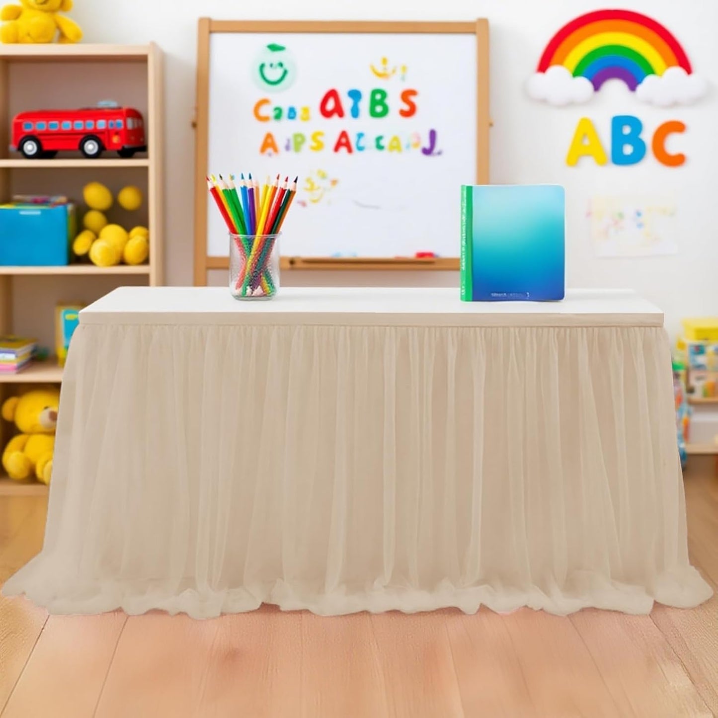 6FT Tulle Table Skirt for Teacher Desk Rectangular Ruffle Table Back to School Supplies for Kindergarten Preschool Middle School Classroom Decor, Khaki