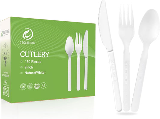 Disposable Cutlery Set - 160 Pcs BPI Certified Disposable Utensils with 60 Compostable Forks, 50 CPLA Spoons and 50 Disposable Knives, Eco-Friendly Compostable Cutlery for Thanksgiving Day & Daily