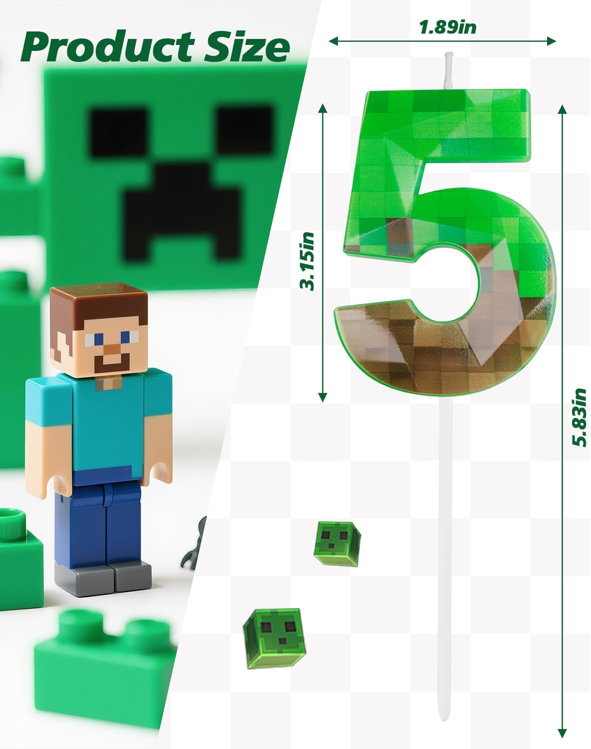 Pixel Birthday Candle, 2.68 Inch Miner Number Candles, Game Themed Candle Birthday Decoration for Pixel Theme Birthday Anniversary Dynamite Video Game Party (Green, 5)
