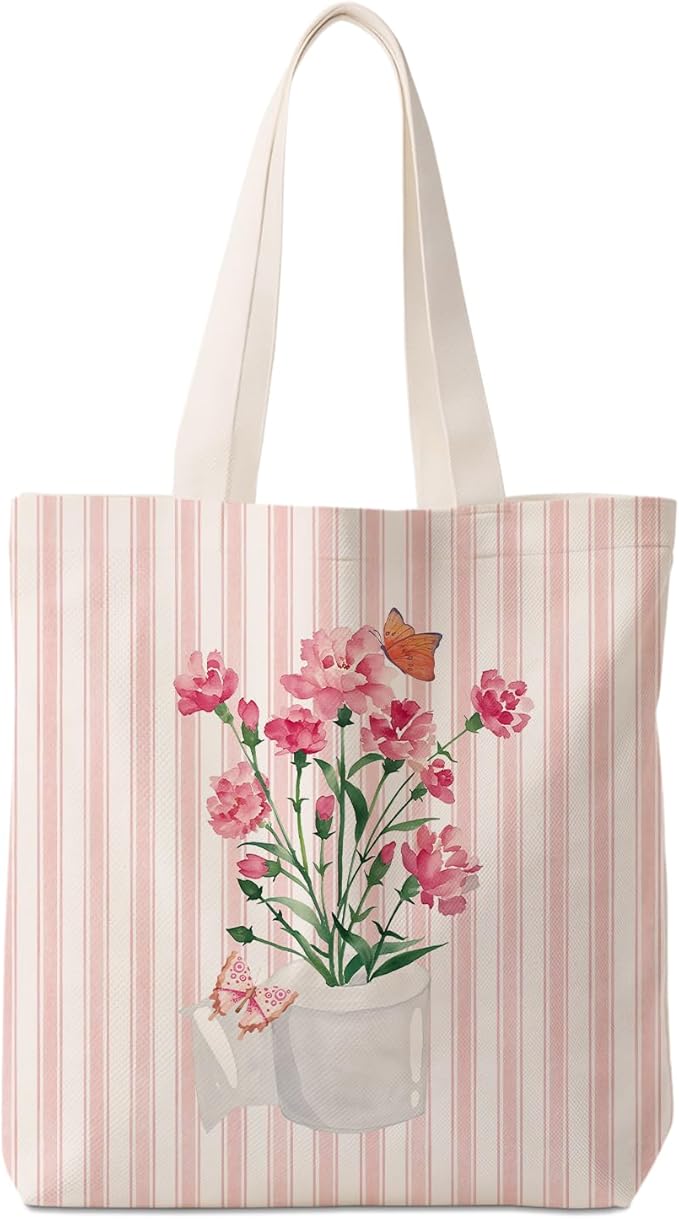 Pink Preppy Floral Aesthetic Tote Bag for Women,Printed Canvas Tote Bag for Girls,Pink Striped Watercolour Aesthetic Reusable Shopping Grocery Bags Party Favors
