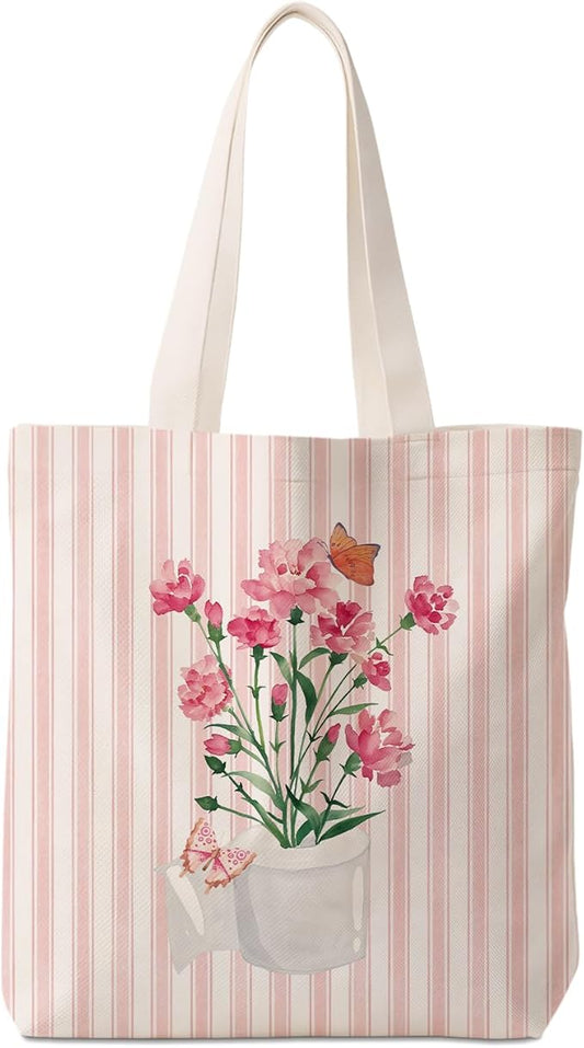 Pink Preppy Floral Aesthetic Tote Bag for Women,Printed Canvas Tote Bag for Girls,Pink Striped Watercolour Aesthetic Reusable Shopping Grocery Bags Party Favors