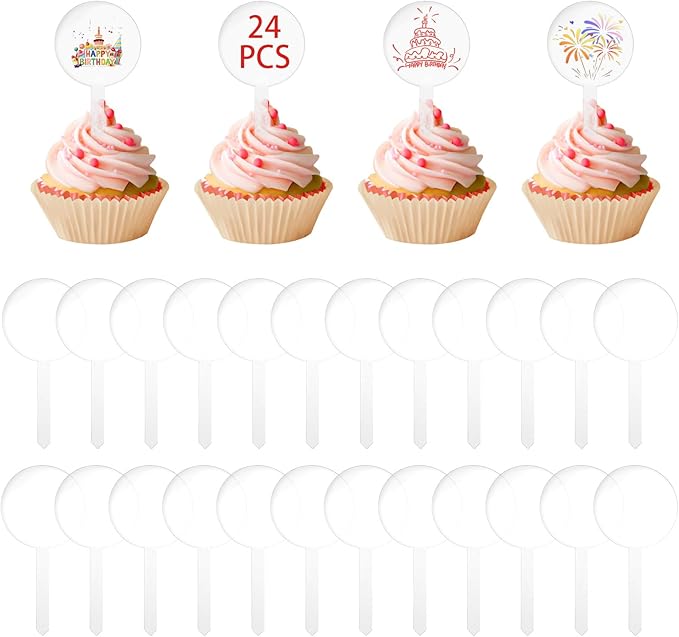24PCS Blank Cupcake Toppers - Custom DIY Acrylic Cake Sticks for Birthday, Wedding, Baby Shower, Round Cake Decoration, Personalized Cupcake Picks, Clear Dessert Cups Toppers for Party