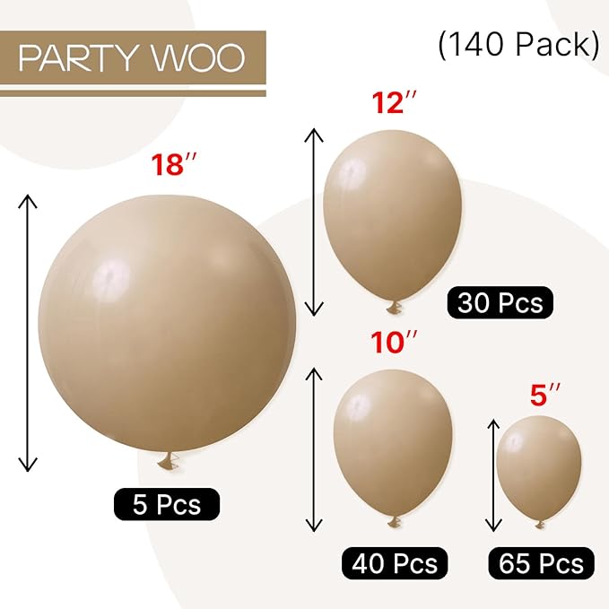 PartyWoo Cream Balloons 140 pcs Different Sizes of 18 12 10 5 Inch Beige Ivory Nude Neutral Boho Fall Latex Balloons for Graduation Birthday Baby Shower Jungle Theme Party Decorations Brown-F56