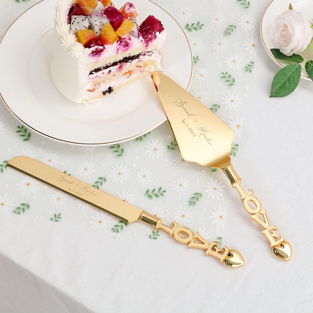 Wedding Cake Knife and Server Set, Personalized Gold Cake Cutting Set for Wedding, Engraved Classic Cake Knives Cutter Set, Pie Server, Birthday Bridal Quinceañera Gift (CUS-Love)