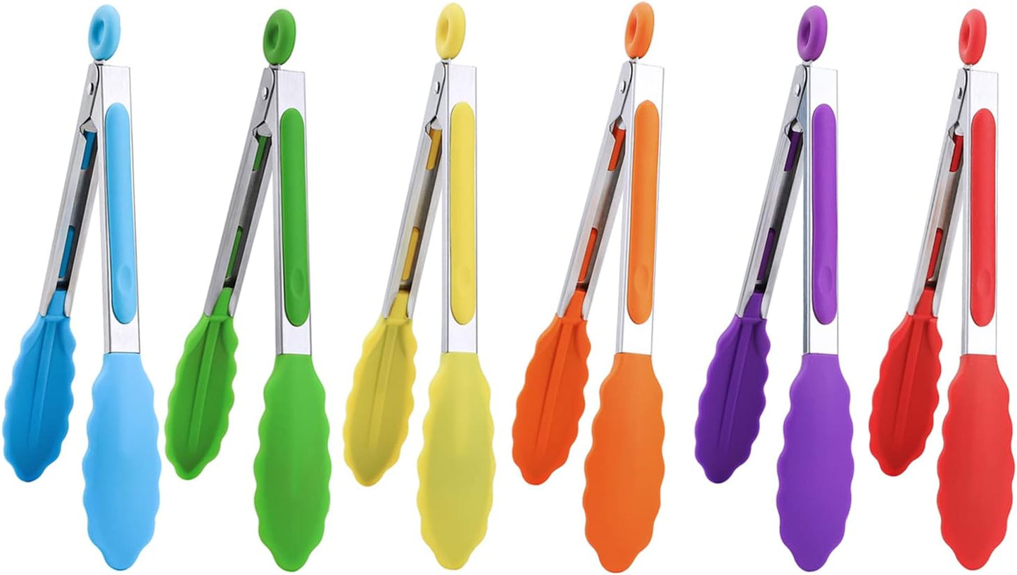 MSY BIGSUNNY Kitchen Food Tongs - 7" Mini Silicone Serving Tongs - Set of 6 (purple red orange green yellow blue)