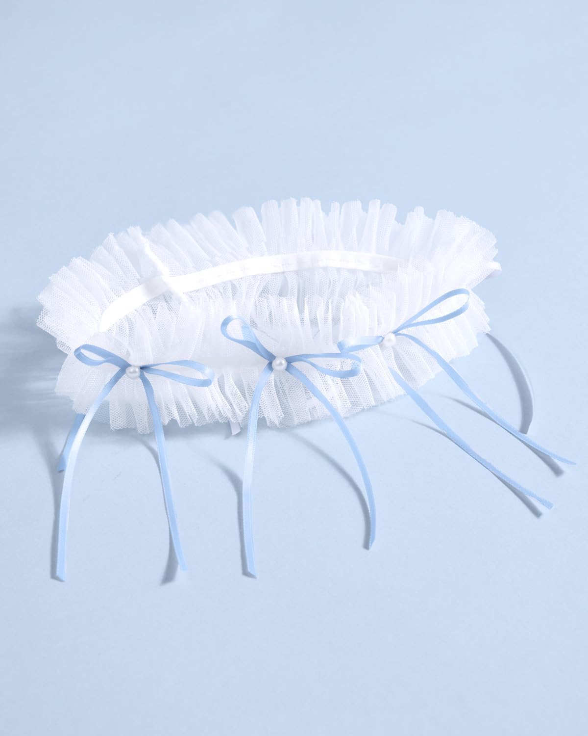 xo, Fetti White Tulle Ruffle Bridal Garter + Blue Pearl Bows | Bride to Be Accessory, Bridal Shower Outfit, Wedding Something Blue Decorations, Engagement Gift