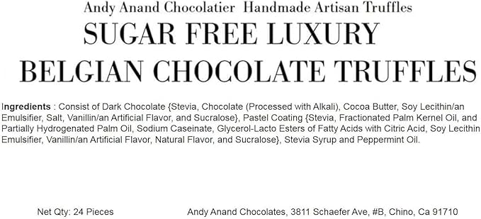 Andy Anand Chocolatier Sugar Free Belgian Chocolate Truffles - Delicious Handmade Chocolate Assortments Gift Box, Sweetened With Natural Stevia, Perfect as Chocolate Gifts For Women (24 Pieces)