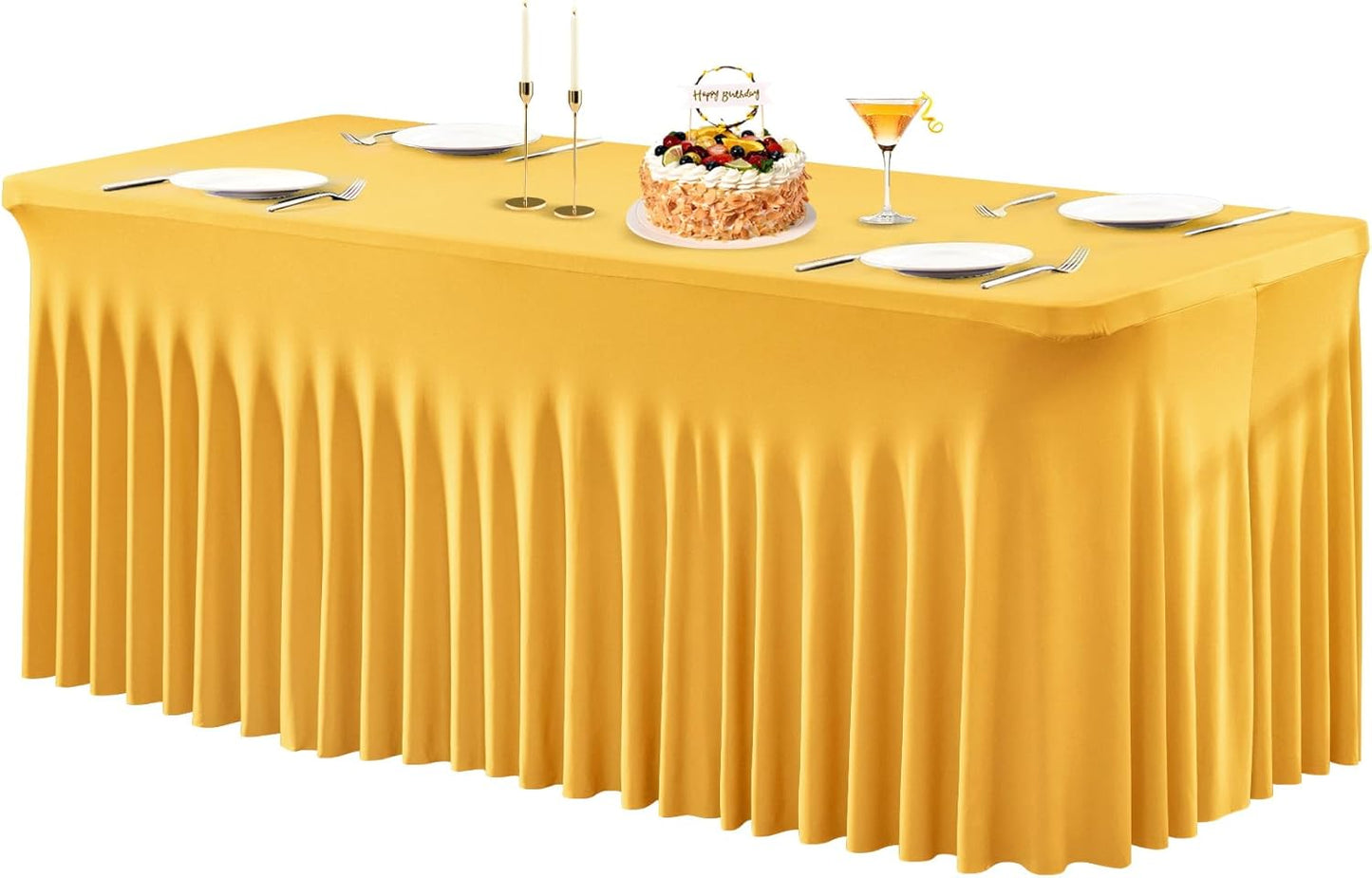PARTISKY Golden Spandex Tablecloth for 4ft Rectangle Tables, Stretchable Table Cover Skirt for Folding Tables Weddings Parties Banquets Events Trade Shows and Dessert Table