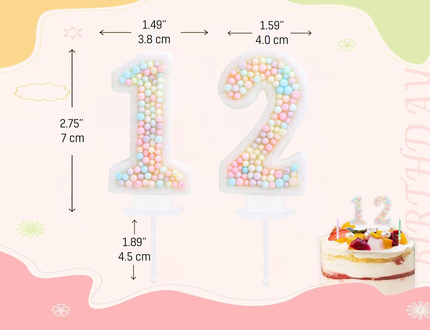 Pastel 12 Birthday Candle Macaron Glitter 3D Number 12th Candles for Birthday Cakes Girl Women Sweet Theme Twelve Years Old Birthday Wedding Anniversary Party Cake Decoration