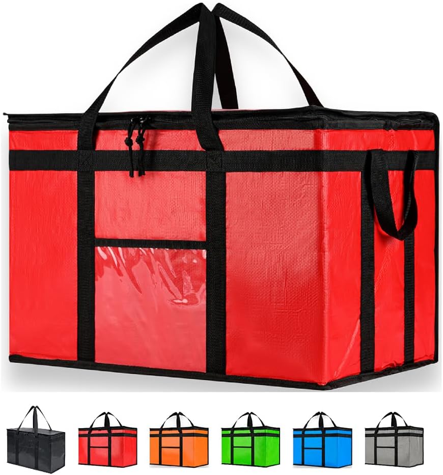 Durable 3XL PRO Insulated Cooler Bag and Food Warmer for Delivery & Grocery Shopping with Zippered Top, Red Commercial Grade (1 Pack)