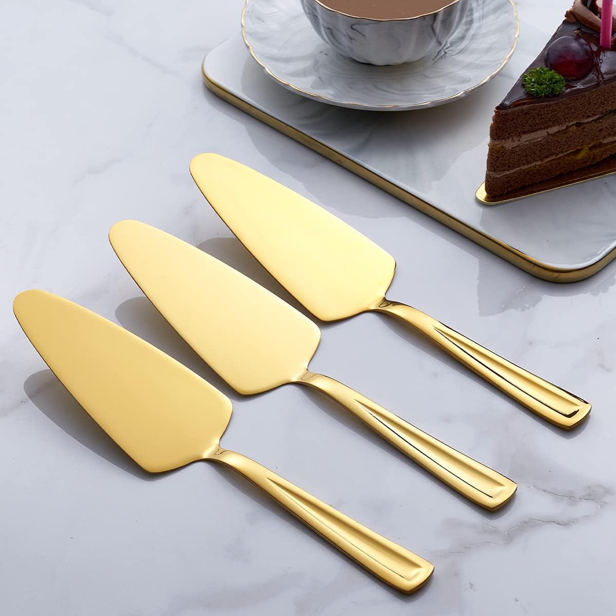 Gold Pie Cake Server Set, GoGeiLi 3-Piece Stainless Steel Pizza Pastry Server Set of 3, 9.3-inch Dessert Server Spatula, Dishwasher Safe