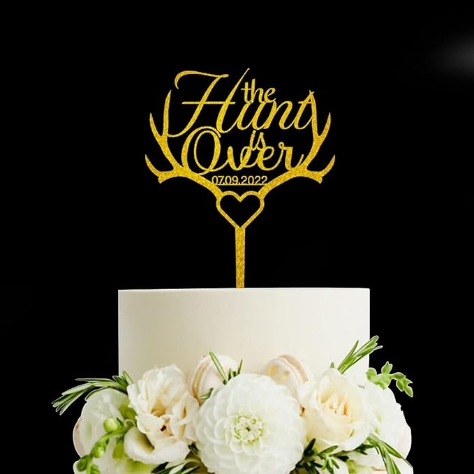 The Hunt is Over Wedding Cake Topper Acrylic Gold,Personalized Mr & Mrs Wedding Cake Topper,Bride & Groom Cake Topper for Wedding Anniversary Engagement Party Supplies