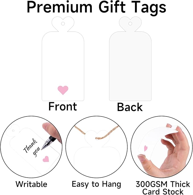 joycraft 100Pcs Gift Tags with String, 4x2 in White Gift Wrapping Tags with Pink Heart, Blank Party Favor Labels for Birthday, Baby Shower, Wedding, Bridal Shower