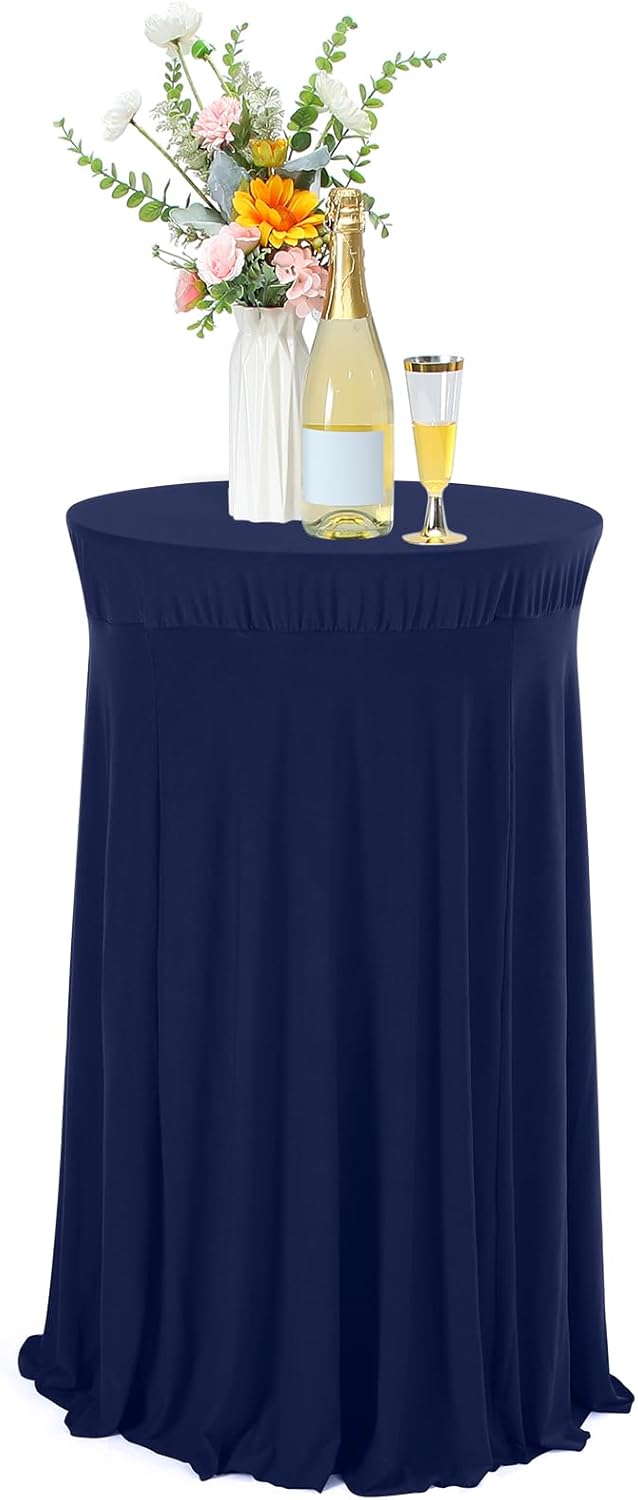 Tegeme 1 Pack 32 x 43 Inch Round Spandex Cocktail Tablecloths with Skirt Cocktail Round Table Cover Spandex Stretch Tablecloth for Fitted High Top Table Bar Wedding Party Banquet (Navy)