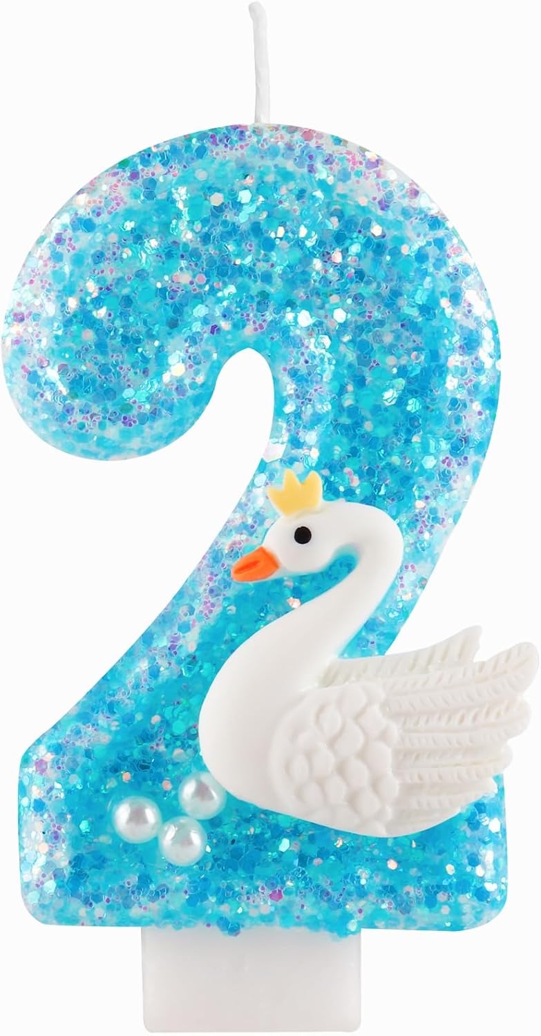 Girls Blue Lake White Pearls Swan Glitter 2 Birthday Number Candles for Girls 2 Birthday Cakes Swan Themed Birthday Decorations Party Favors