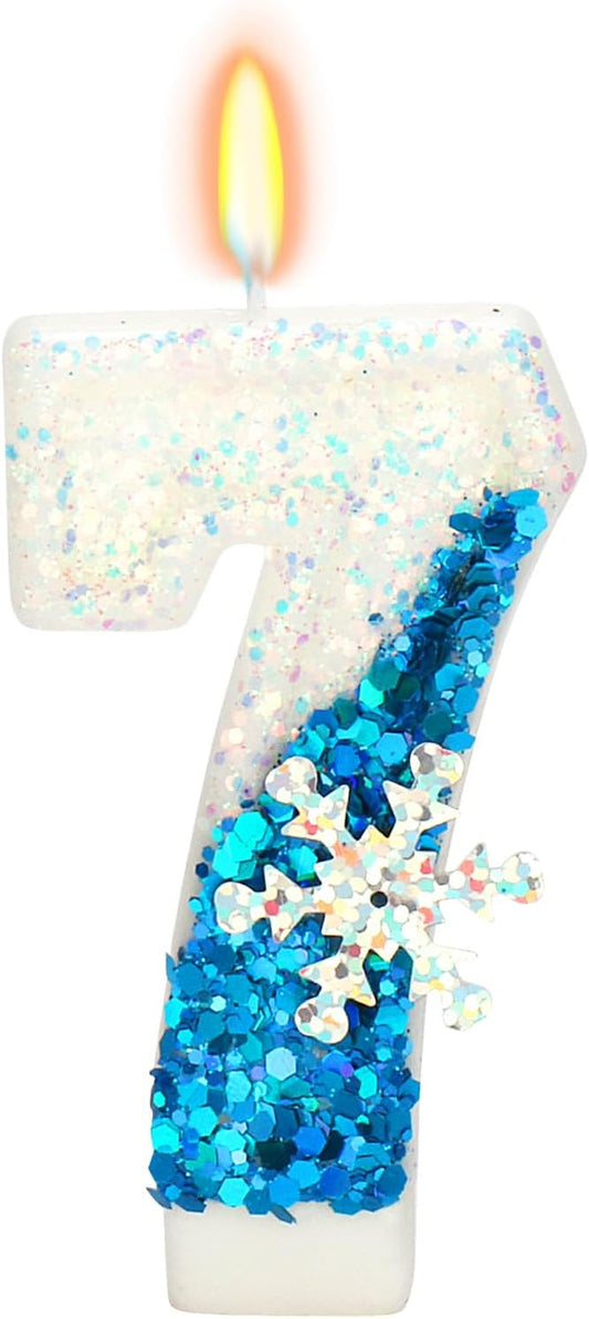 Snow Themed Birthday Candles, 7th Birthday Candle for Party Supplies, Winter Birthday Party Supplies, 2.76 inch Number 7 Cake Topper Decoration (Number 7)