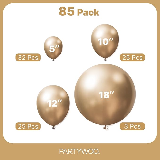 PartyWoo Metallic Gold Balloons 85pcs Different Sizes of 18 12 10 5 Inch Chrome Gold Balloon Arch Kit Garland for Birthday Graduation Baby Shower Wedding Bachelorette Party Decorations Gold-G127