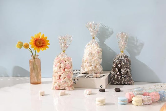 CEMECER 100PCS Wildflower Cellophane Treat Bags, Floral Candy Cookie Packing Plastic Clear Goody Bags Dercor for Baby Shower, Wedding, Birthday Party Decorations Supplies Favors.(11 x 5 Inches)