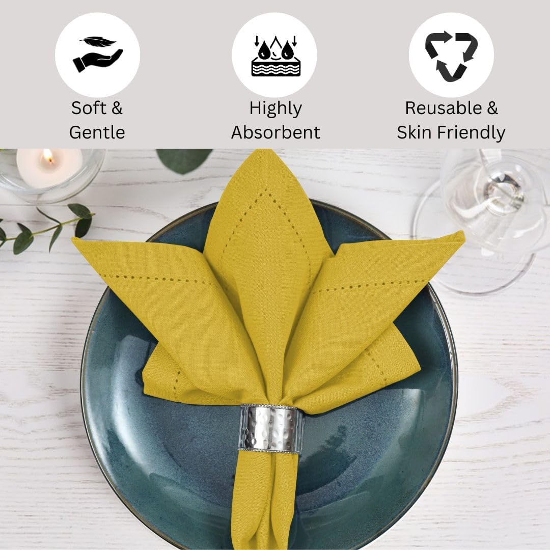 Hemstitch Cloth Dinner Napkins 100% Cotton Set of 12 - for Dining Special Occasions Weddings Parties Holidays Easter - Soft Durable Reusable - Elegant 18x18 Inch Table Cloth Napkins Yellow