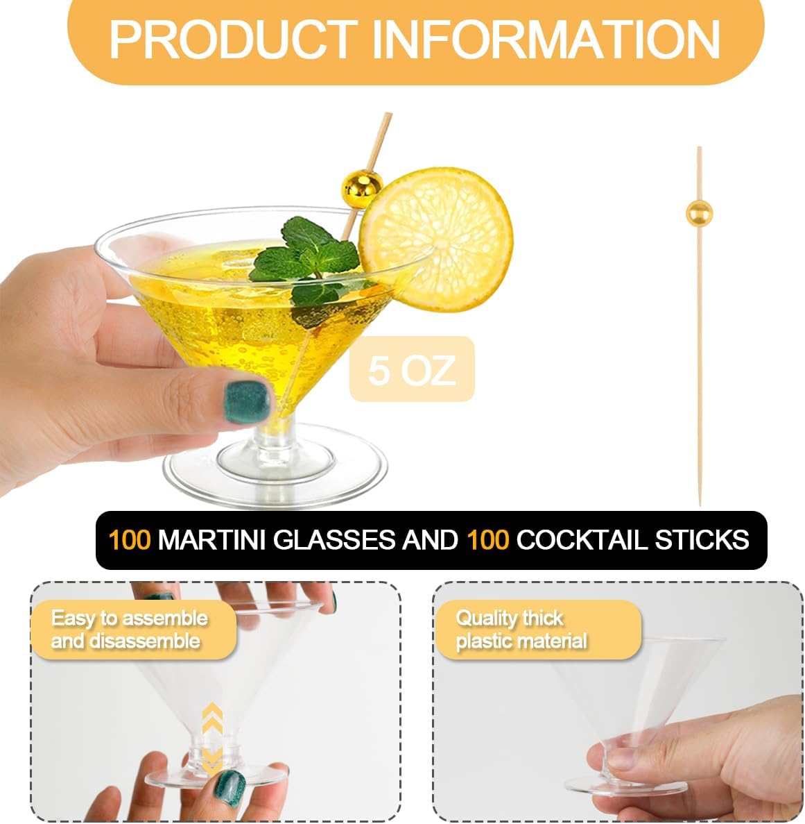 100 Pack Plastic Martini Glasses 5 Oz Mini Dessert Cups Clear Cocktail Glasses with Cocktail Sticks Clear Short Stem Shot Glasses for Party Wine, Desserts and Appetizers