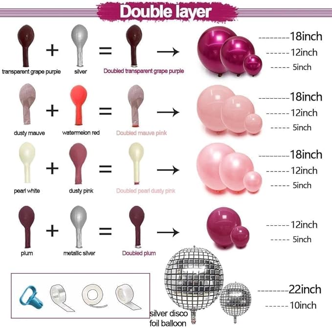 Purple Pink Balloon Arch Double Stuffed Burgungy Pink Pearl Balloons Plum Silver Disco Balloon Garland for Birthday Prom Bridal Shower Mother’s Day Wedding Music Theme Party Decoration