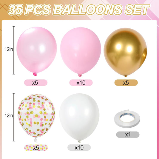 Pink and Gold Balloons, 12 Inch Light Baby Pink White and Gold Confetti Balloons for Girls Princess Birthday Baby Shower Bridal Shower Wedding Graduation Party Decoration