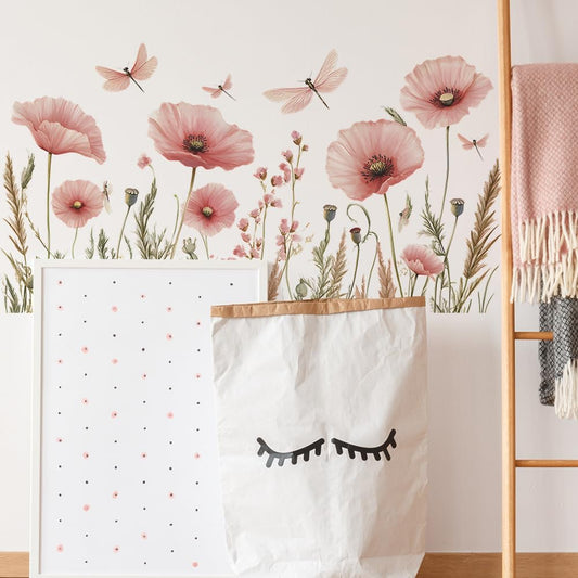 Watercolor Pink Flower Dragonfly Wall Stickers Botanical Removable Vinyl Wall Decals for Bedroom and Living Room