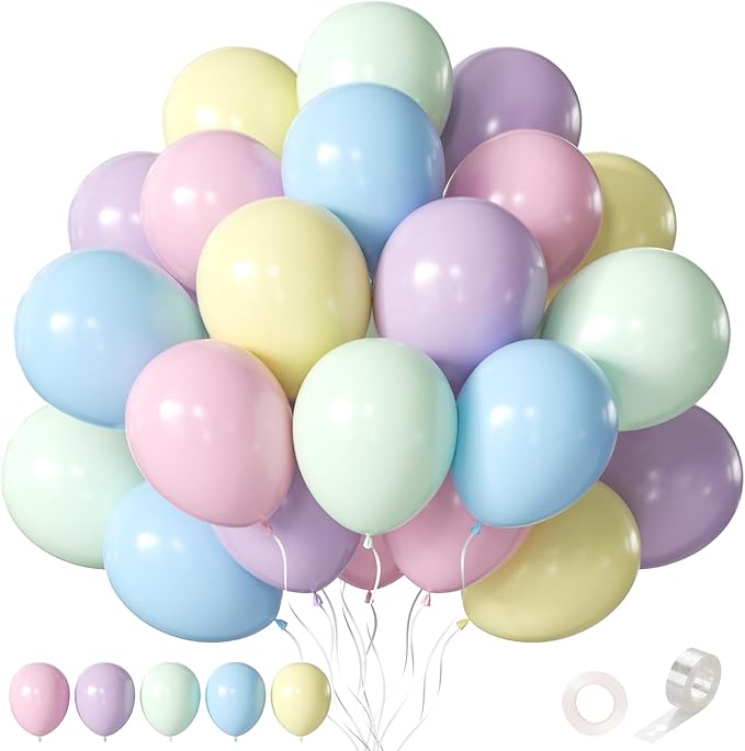 Pastel Balloons 60 Pcs 12 Inch Pastel Rainbow Multicolor Macaron Balloons for Girls Boys Birthday Party Baby Shower Gender Reveal Easter Decorations