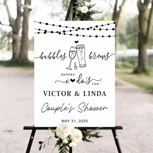Personalized Greenery Eucalyptus Bubbles and Brews Couples Shower Welcome Sign, Gold Modern Minimalist Wedding Shower Bridal Party Decoration, Outdoor Plastic Sign Weatherproof #5