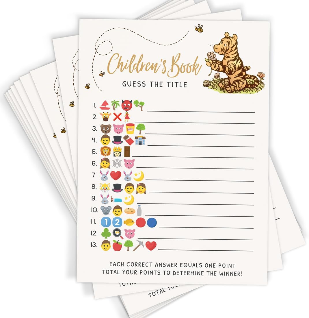 Printed Party Winnie Baby Shower Game Set – 4 Games with Classic Pooh Theme for 30 Guests, Includes Bingo, Mommy-to-be Trivia, Storybook Icon Guessing, and Guess Who, Bear Theme for Boy or Girl