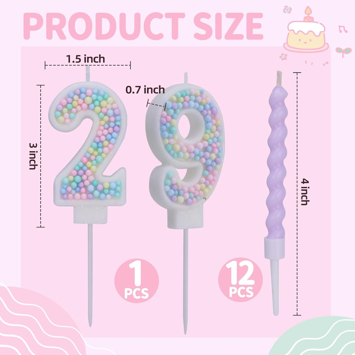 Number 2 Birthday Candles for Cake with 13 Pieces Spiral Candles with Macaron Pastel Rainbow Pink Cake Toppers for Girls Happy Birthday Party Decorations