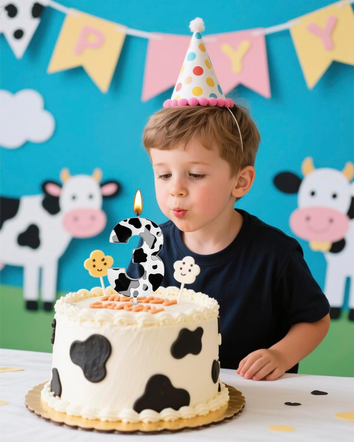 Number 3 Black Cow Birthday Candles，2.68 inch Metallic 3D Cow Birthday Candles, Cow Themed Cake Topper Decorations for Birthday Party Anniversary Celebration Supplies