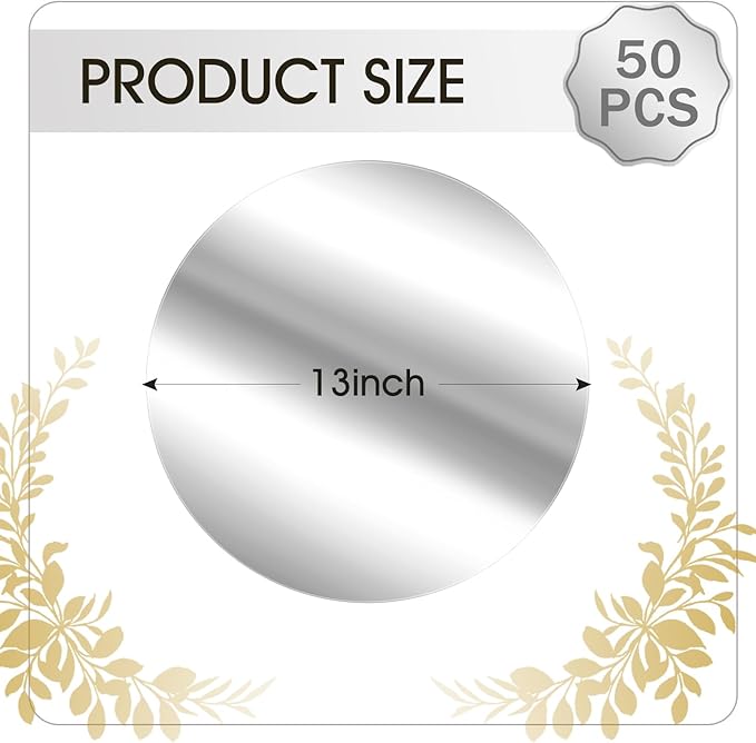 KesaPlan 50PCS Round Silver Placemats, 13" Disposable Paper Placemats for Dining Table, Mirrored Silver Charger Place Mat for Kitchen Banquet Table Setting Wedding Birthday Dinner Party Decor