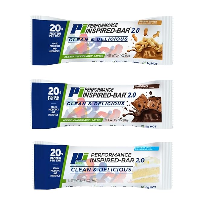 Performance Inspired Nutrition Protein Bar 2.0 – 20G Protein, 6G Fiber, 3G MCTs, 1 Billion CFU Probiotics – Gluten-Free – Birthday Cake Flavor – 12 Count