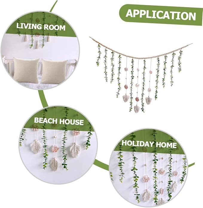 Nordic Style Wooden Bead Garland with Simulated Eucalyptus Leaves and Shells Lightweight Hanging Wall Decor for Bedroom Window Shelf Festive Photo Prop and Home Decoration