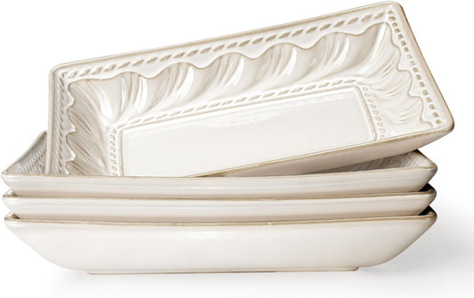 Artena Ceramic 8.25 Inch Rectangle Salad Plates Set of 4 - Deep Plates for Appetizer, Dessert, Dinner, Sushi, Snack, Pasta, Serving - Microwave Safe with Embossed Rim Design (Willow Leaf)