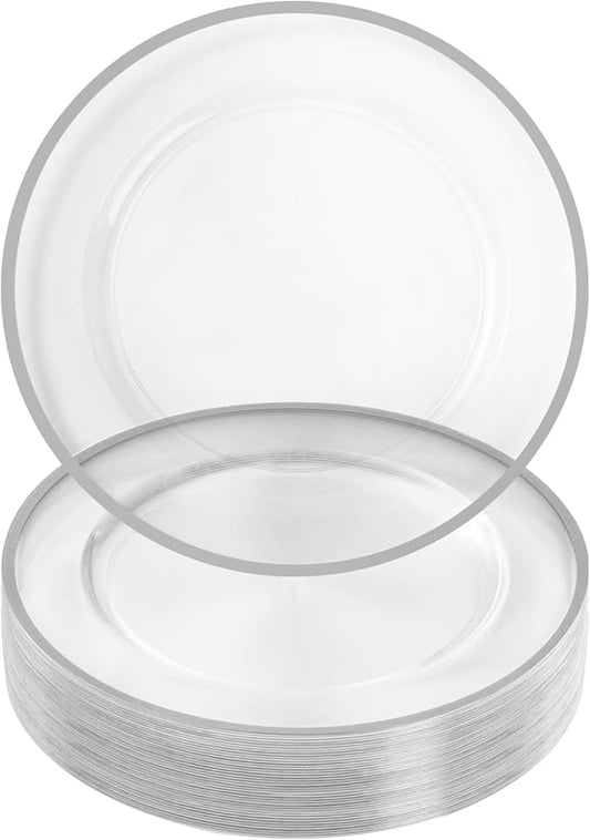 Goodluck 12 Inch Silver Charger Plates, 25 Pack Clear With Silver Trim, Disposable Plastic for Dinner, Wedding, Party
