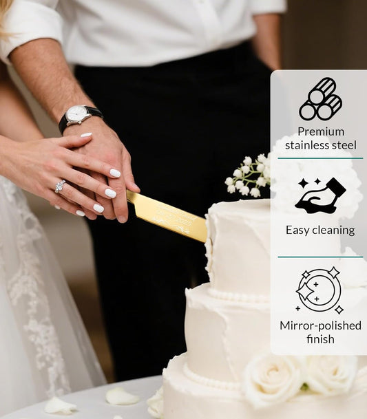 HJX Personalized Wedding Cake Knife and Server Set, Custom Names Cake Cutting Set, Customized Knife and Cake Server Set Gift for Bridal Anniversary Birthday Wedding Registry (Gold)
