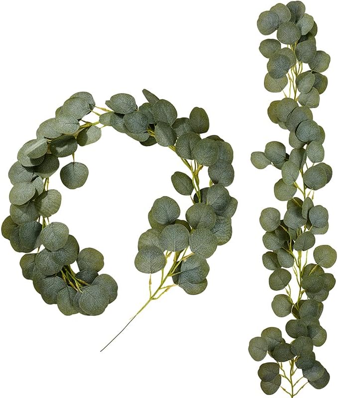 2 Pack Artificial Eucalyptus Garland Faux Silk Leaf Silver Dollar Eucalyptus Leaves Vines Handmade Garland Greenery Wedding Backdrop Indoor Outdoor Arch Wall and Party Home Decoration