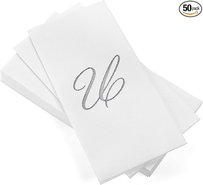 AMERICAN HOMESTEAD Disposable Hand Towels - Silver Foil Monogrammed Guest Napkins - Linen-Like Bathroom Paper Towels for Guests - Perfect Wedding and Party Napkins - 50 Count (Silver U)
